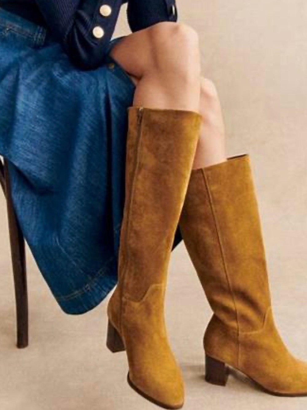 Sezane Boots Adele Sz US 7 FR 38 Suede Knee-High Block Heel Tabac - Picture 2 of 10